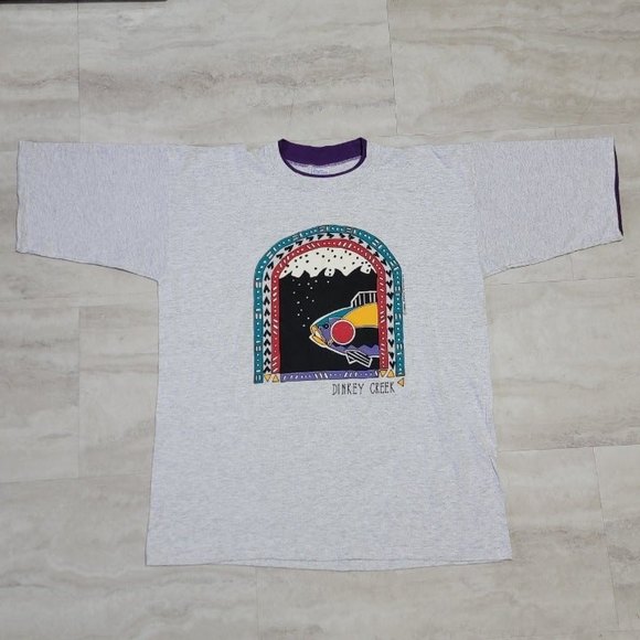 Vintage Dinkey Creek Aztec Fish Graphic Gray Double Collared and Sleeve Premier - Picture 5 of 8